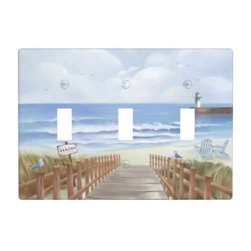 Beach Ocean Triple Toggle Wall Plate Covers 3 Gang Light Switch Cover Decorative Sea Faceplate for Bathroom Bedroom Kitchen Room Decor Wallplate 4.5 x 6.38 in