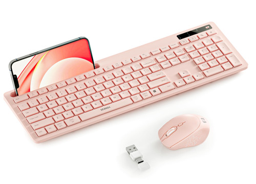 Pink Keyboard and Mouse Wireless, seenda Full-Size Keyboard with Phone Holder USB A & Type C Receiver 2.4G Silent USB Keyboard Mouse Compatible for MacBook and Windows Computer/Desktop/Laptop