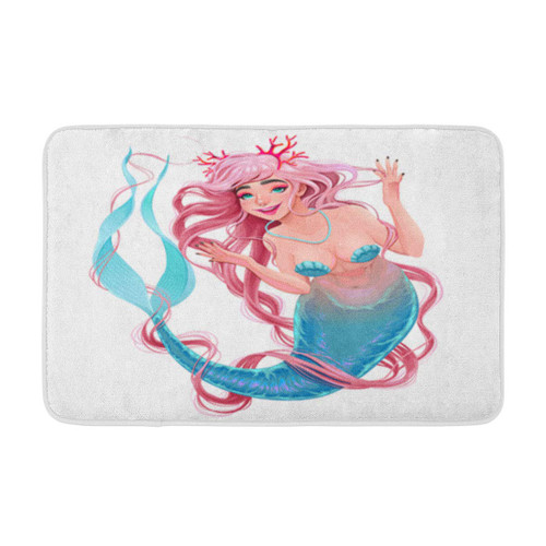 Adowyee Bath Mat Smiling Mermaid with Long Pink Hair Cartoon is olated Character Cozy Bathroom Decor Bath Rug with Non Slip Backing 20" X 30"