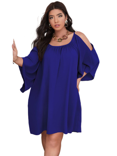 SOLY HUX Women Plus Size Summer Dress Cold Shoulder Short Sleeve Casual Loose Short Dresses Solid Royal Blue 1XL