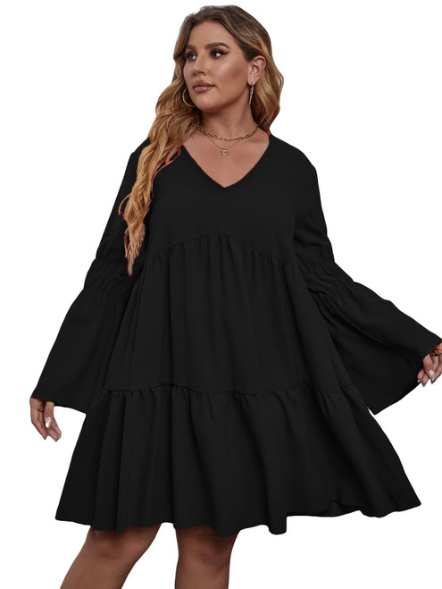 SOLY HUX Women's Plus Size V Neck Flounce Long Sleeve Ruffle Hem Babydoll Swing Dress Black 2XL