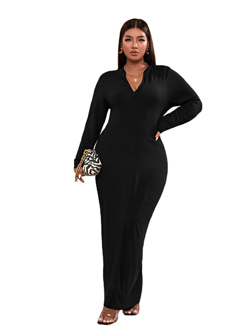 Verdusa Women's Plus Zip Up Long Sleeve Mock Neck Maxi Long Bodycon Dress Black 1XL