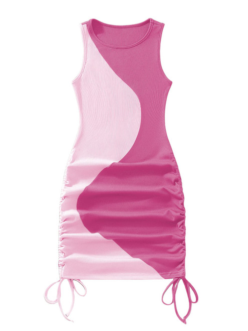 Verdusa Women's Color Block Drawstring Ruched Ribbed Mini Tank Bodycon Dress Pink L