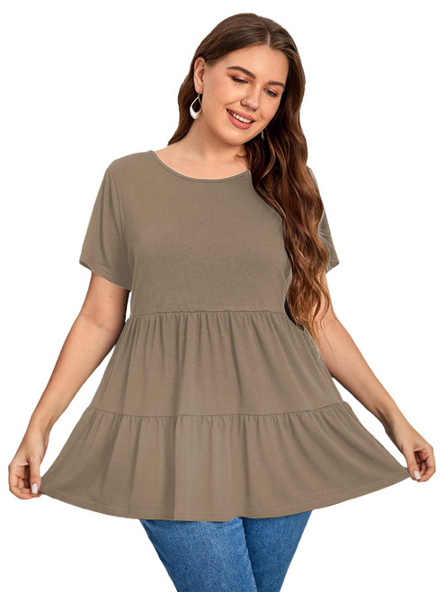 Romwe Women's Plus Size Loose Ruffle Hem Short Sleeve Casual Peplum Blouse Top Khaki Solid 1XL