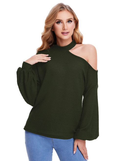Romwe Women's Waffle Knit Tunic Tops Cold Shoulder Long Sleeve Loose Blouse Shirts Army Green Solid S