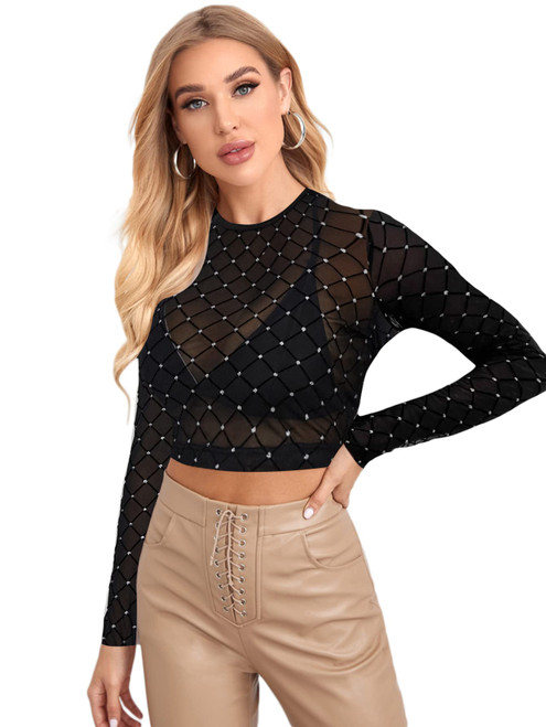 Verdusa Women's Long Sleeve Crop Top See Through Sheer Mesh Tee Shirt Rhinestone Black L
