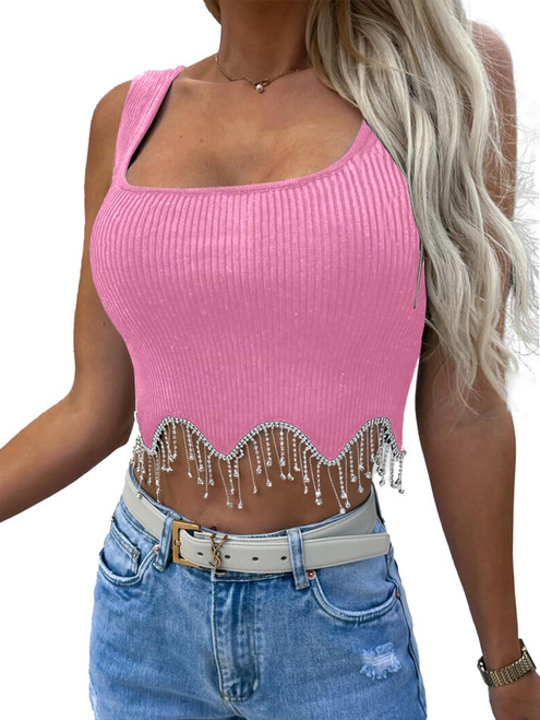 LYANER Women's Rhinestone Fringe Trim Ribbed Knit Square Neck Sleeveless Crop Tank Top Pink Medium