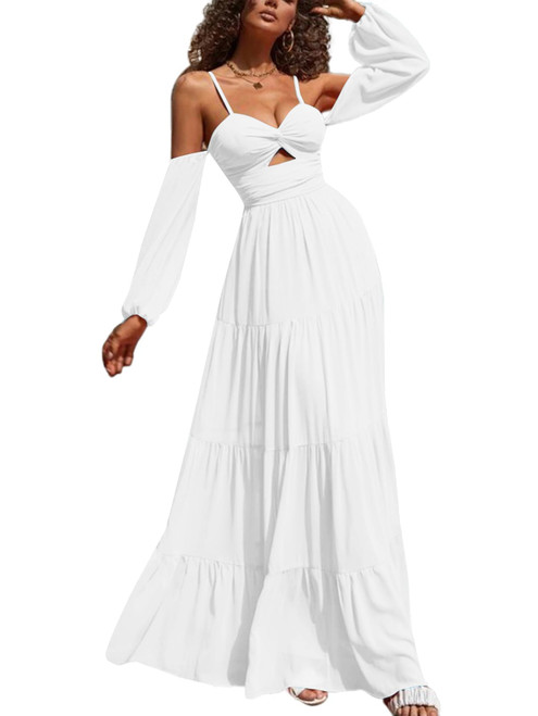 LYANER Women's Puff Long Sleeve Strappy Cut Out Front Flowy Swing Cami Maxi Dress White Medium