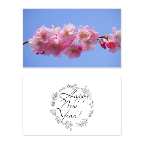 Blue Sky Pink Beautiful Flowers New Year Festival Greeting Card Bless Message Present
