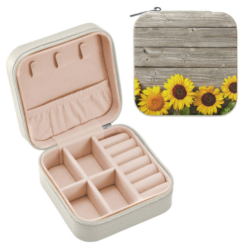 Sunflowers on Wooden Travel Jewelry Case PU Leather Portable Jewelry Box Travel Jewelry Organizer Small Jewelry Box for Earring Bracelet Necklace Gifts Ring Display Box Holder for Women Girls