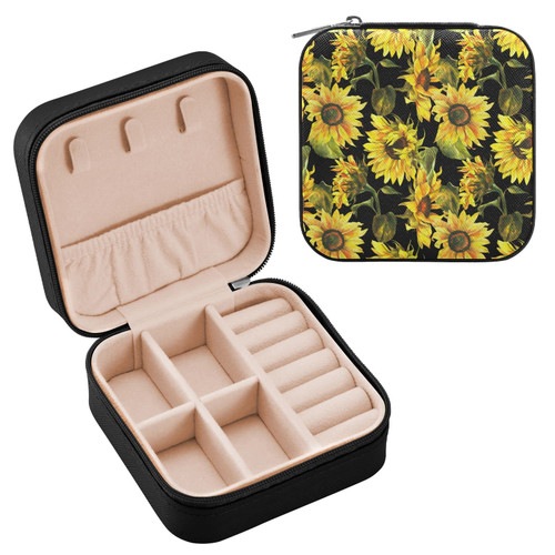 Watercolor Sunflowers Travel Jewelry Case PU Leather Portable Jewelry Box Travel Jewelry Organizer Small Jewelry Box for Ring Earring Necklace Bracelet Gifts Display Box Holder for Women Girls