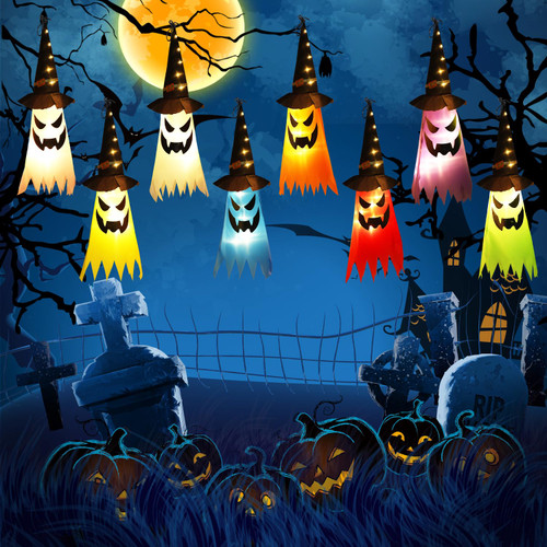 8pcs Ghosts Halloween Decorations Outdoor, Witch Hat Lights Halloween Glowing Halloween Hanging Ghosts Decorations for Hanging Tree Branches Ceiling Yard Garden (8 Colors)