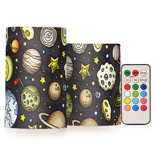 DOMIKING Cartoon Space Planets Flameless Candles with Remote Control Electric Led Candles with Timer Battery Operated Flickering Tea Light Candles for Votive Centerpiece Home Decor 2 PCS