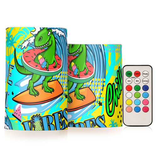 DOMIKING Dinosaur Surfboard Flameless Candles with Remote Control Electric Led Candles with Timer Battery Operated Flickering Tea Light Candles for Home Wedding Decoration Votive 2 PCS