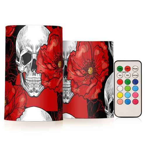 DOMIKING Skull Poppies Flameless Candles with Remote Control Electric Led Candles with Timer Battery Operated Flickering Tea Light Candles for Centerpiece Votive Home Decor 2 PCS