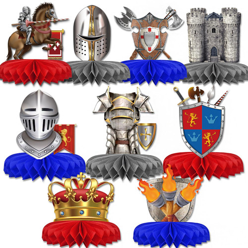 Medieval Birthday Honeycomb Centerpieces - 9 Pack Double-Sided Table Toppers With Knights, Castles & Crowns