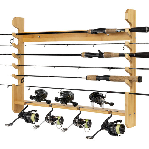 THKFISH Fishing Pole Holders Fishing Rod Racks Wall Mount Rods Holders for Garage Baitcasting Spinning Reels Rod Storage,Bamboo Wood