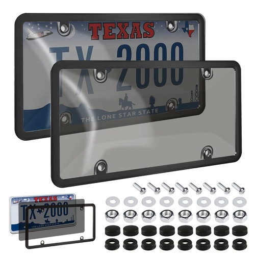 2 Pack Smoked License Plate Covers Frames Shield Combo - Unbreakable License Plate Tinted Cover Novelty Fits Any Standard US Plates, Clear Bubble Design License Plate Holder, with Screws & Caps(Black)