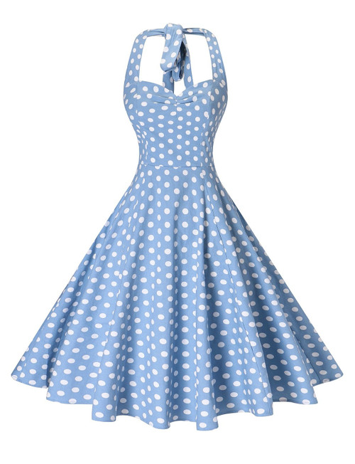 V Fashion Women 's Rockabilly 50s Vintage Polka Dots Halter Cocktail Swing Dress Blue White Dots X-Large