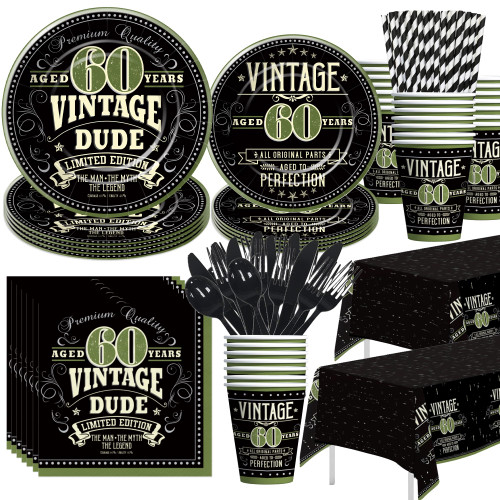 HIPVVILD Vintage 60th Birthday Decorations For Men Tableware - 1963 60th Birthday Party Supplies, Plate, Cup, Napkin, Tablecloth, Cutlery, 60 Year Old Birthday Table Decorations Dinnerware | Serve 24