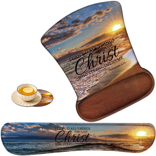 Keyboard Wrist Rest Pad and Ergonomic Mouse Pad Wrist Rest (with Coaster) Set, Non-Slip Base & with Memory Foam for Easy Typing and Wrist Pain Relief - Beach Quoting Bible Verse Philippians 4-13