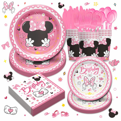 Vulletmioly Minnie Themed Mouse Birthday Party Supplies - Minnie Birthday Party Decorations Include Dinner Plates, Plates, Cups, Napkins, Cutlery, Minnie Girl Dinnerware Party Supplies | Serves 24