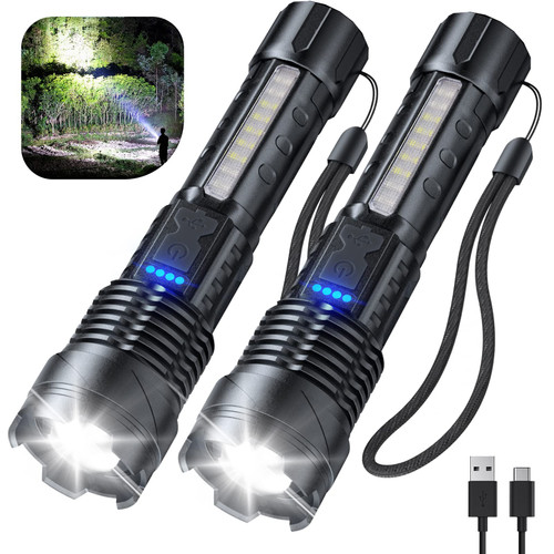 Cinlinso Flashlight High Lumens Rechargeable 2 Pack, 250000 Lumen Super Bright Led Flashlights with 7 Light Modes, IPX6 Waterproof, Zoomable, Powerful Handheld Flash Light for Camping Emergencies