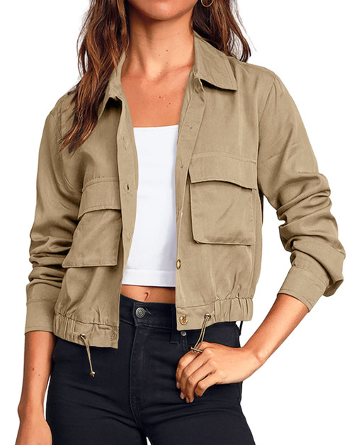 Onedreamer Women's Military Safari Cropped Jackets Button Down Lightweight Oversized Utility Anorak Coat with Pockets