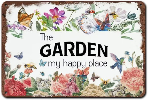 Funny Metal Tin Sign The Garden Is My Happy Place Vintage Flowers And Birds Art Sign Home Garden Cafe Club Bathroom Garage Wall Decoration 12x18 Inches