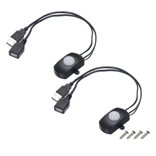 MECCANIXITY DC 5V-24V 5A PIR Motion Activated Sensor Switch with USB Interface Cable for Kitchen Cabinet LED Strip Light, 2Pcs Black
