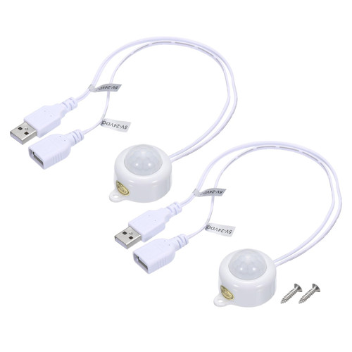 MECCANIXITY DC 5V-24V 5A PIR Motion Activated Sensor Switch with USB Interface Cable for Kitchen Cabinet LED Strip Light, with Light Sensor White 2Pcs