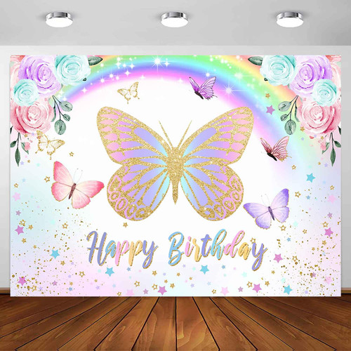 Sensfun Butterfly Happy Birthday Backdrop Purple Pink Floral Rainbow Butterfly Birthday Photography Background Girls Butterfly Birthday Decorations Cake Table Party Banner Supplies 7x5ft