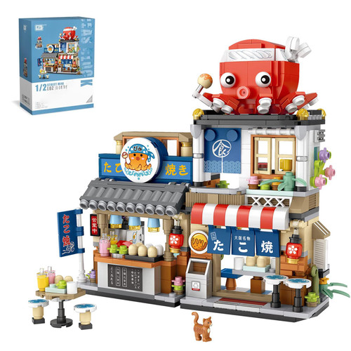 HSONLINE Japanese Street View Building Blocks Toys Theme Store Mini Bricks Model Set, MOC Creative Architecture Construction Building,722 PCS Mini Bricks Toy for Boys Girls (Takoyaki Shop)