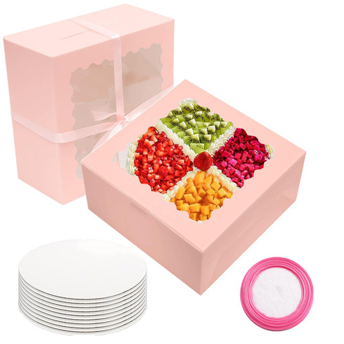 GUIFIER 10 Pieces 10 inch Cake Boxes with Cake Boards and Pink Ribbon, 10x10x5 Inches Cake Boxes with Window, Paper Bakery Box, Cake Carrier, Cookie Box, Gift Pastry Boxes for Cake Dessert, Pie (Pink) GUIFIER 10 Pieces 10 inch Cake Boxes with Cake Boards and Pink Ribbon, 10x10x5 Inches Cake Boxes with Window, Paper Bakery Box, Cake Carrier, Cookie Box, Gift Pastry Boxes for Cake Dessert, Pie (Pink)