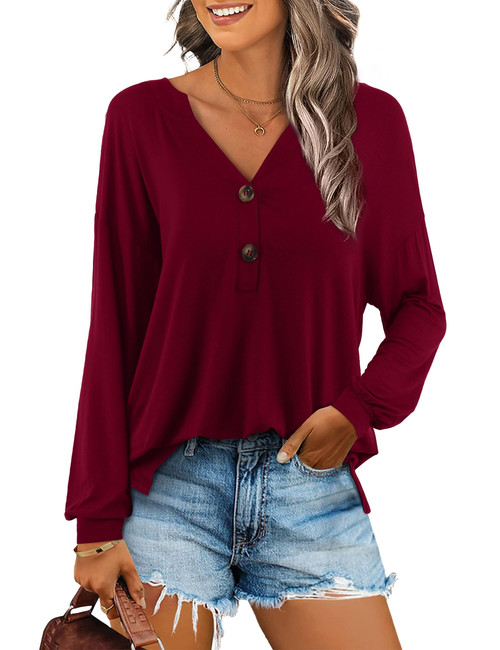 Amoretu Womens Tunic Tops Notch Neck Long Sleeve Solid Basic T Shirts, Burgundy M
