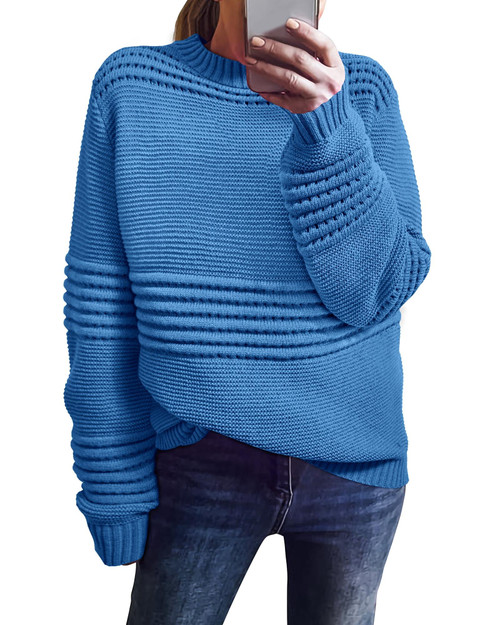 KIRUNDO Womens Sweaters 2023 Fall Long Sleeve Crew Neck Crochet Pit Striped Oversized Casual Chunky Ribbed Knit Pullover Blue