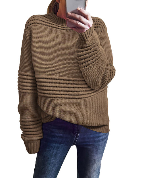KIRUNDO Womens Sweaters 2023 Fall Long Sleeve Crew Neck Crochet Pit Striped Oversized Casual Chunky Ribbed Knit Pullover Brwon