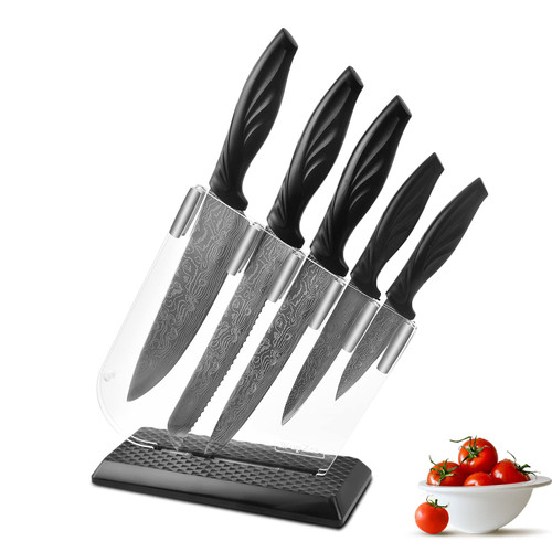 Damascus Steel Knife Set 6Pcs Non Stick Sharp Kitchen Knives Set with Block Sharpener Kitchen Shears Cutlery Knives Block Set Chef Quality Best Gift (6Pcs Set)