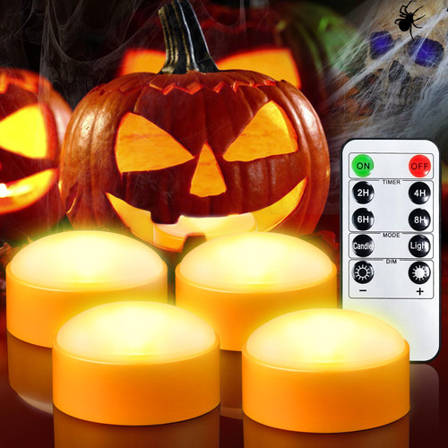 Yakpo 4 Pack Battery Operated Timer Halloween LED Pumpkin Lights with Remote, Flameless Flickering Orange Jack O Lantern Light, Outdoor Electric Orange Candle for Halloween Pumpkin Decorations