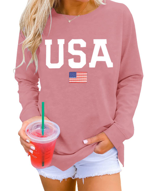Dressmine Women's Casual USA Flag Shirts America Tops Long Sleeve Graphic Crew Neck Sweatshirt Pullover Deep Pink Medium