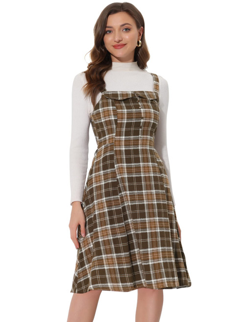 Allegra K Women's Plaid Vintage Sleeveless Tie Waist A-Line Pinafore Overall Dresses Small Brown