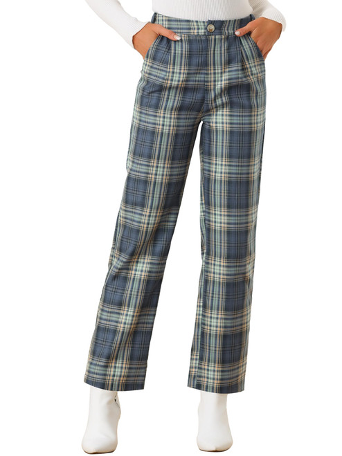 Allegra K Women's Plaid Trousers Pockets Straight Leg Pants X-Large Gray Blue Allegra K Women's Plaid Trousers Pockets Straight Leg Pants X-Large Gray Blue