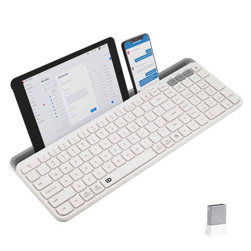 HUO JI Wireless Keyboard Multi-Device, Bluetooth and 2.4G Dual Mode, Switch to 3 Devices with Tablet Cradle for Windows, iOS, Android, Computer Desktop Laptop Surface Tablet Phone, White