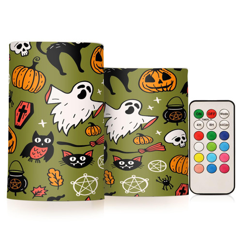 MCHIVER Halloween Pumpkin Ghost Owl Flameless Candles with Remote Timer Battery Operated Fake Candles Set of 2 LED Tealight Candles for Wedding Halloween Christmas Party