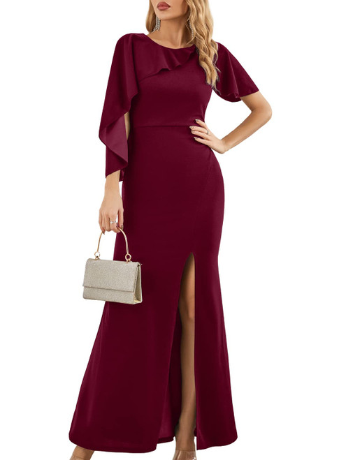 SouqFone Short Sleeve Formal Dresses for Women Long Bridesmaid Dresses Elegant Evening Gown Maxi Dress for Wedding Guest Cocktail Party Dresses-M,Wine Red