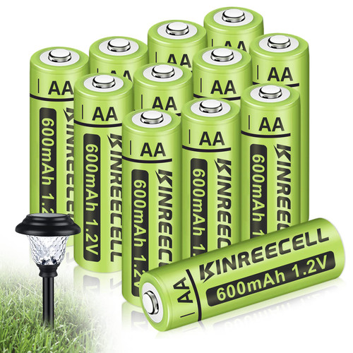 KINREECELL Rechargeable AA Batteries, Ni-MH Double A Solar Batteries High Capacity 1.2V Pre-Charged for Outdoor Solar Lights, String Lights Pathway Lights (AA-600mAh-12pack)