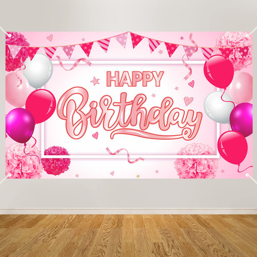 Hot Pink Happy Birthday Banner Backdrop Decorations for Girls Women, Happy Birthday Party Sign Supplies, Large 10th 16th 21st 30th 40th 50th Birthday Background Photo Booth Props