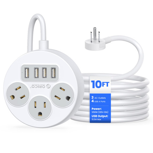 ORICO 10 Ft Extension Cord with Multiple Outlets, Flat Plug Power Strip with 3 Outlets 4 USB Ports, Indoor Charging Station, Wall Mount Flat Outlet for Home, Office, Dorm Room