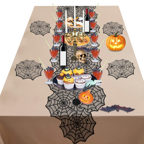 Amaxiu Halloween Table Runner with 4PCS Placemat, 72 x 18 in Halloween Black Lace Table Runner Spider Web Table Decoration Round Spider Web Placemat Halloween Table Decoration