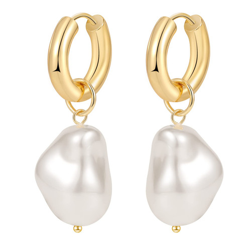 VENOCO Dainty Pearl Earrings for Women Gold Pearl Drop Earrings Sterling Silver Large Baroque Pearl Earrings Elegant Wedding Pearl Hoop Earrings for Bridal